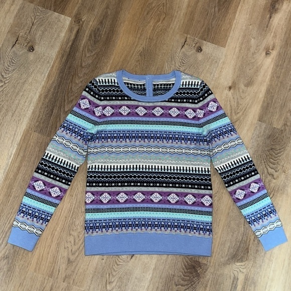 Talbots Lambswool Sweater XS Fair Isle Crewneck Blue Purple Buttons Classic - Picture 3 of 6